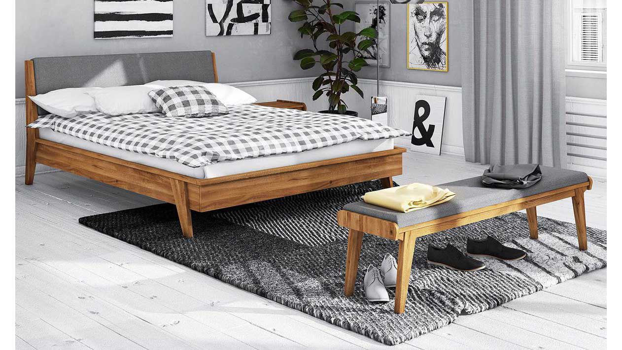Bettgestell Beds.eu aus Holz Textil in Holzfarben Massivholzbett, Bett aus Massivholz 160 x 200 cm, Wildeiche natur geölt, Kopfteil Stoff grau