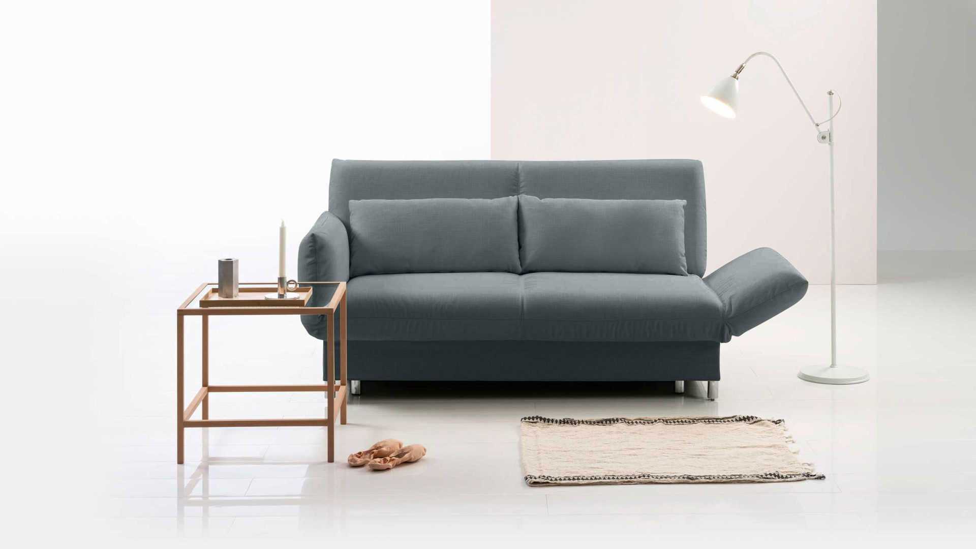 Schlafsofa Brühl aus Stoff in Mittelblau CAMP 2B Bettsofa Schlafsofa azurblauer Webstoff Bezug & Metallfüße verchromt glänzend - Stellfläche ca. 173-218 x 83 x 106 cm