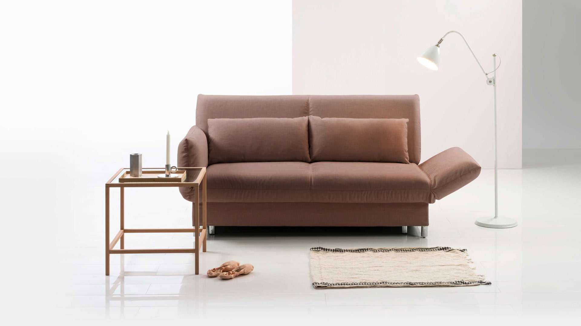 Schlafsofa Brühl aus Stoff in Braun CAMP 2B Bettsofa Schlafsofa elefantengrauer Stoffbezug & Metallfüße verchromt glänzend - Stellfläche ca. 173-218 x 83 x 106 cm