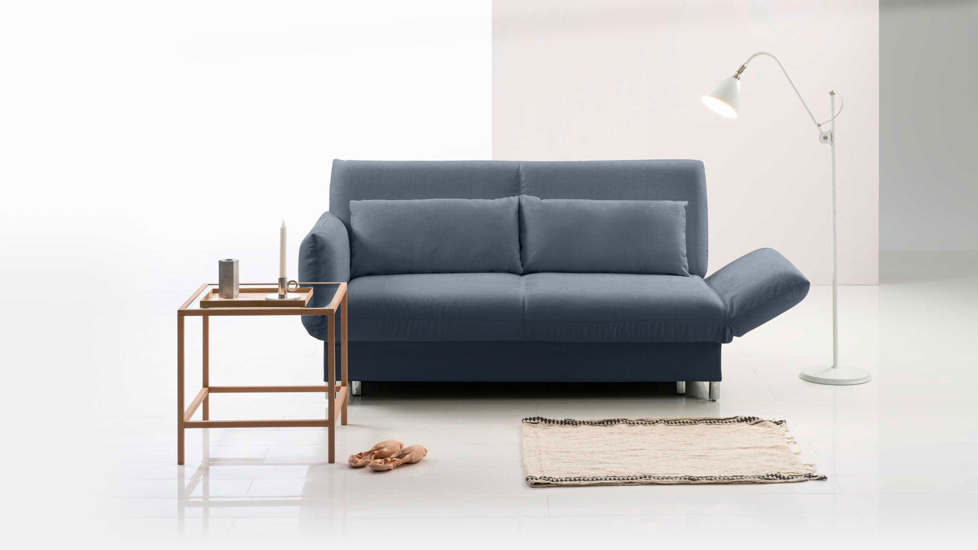 Schlafsofa Brühl aus Stoff in Mittelblau CAMP 2B Bettsofa Schlafsofa nachtblauer Webstoff Bezug & Metallfüße verchromt glänzend - Stellfläche ca. 173-218 x 83 x 106 cm