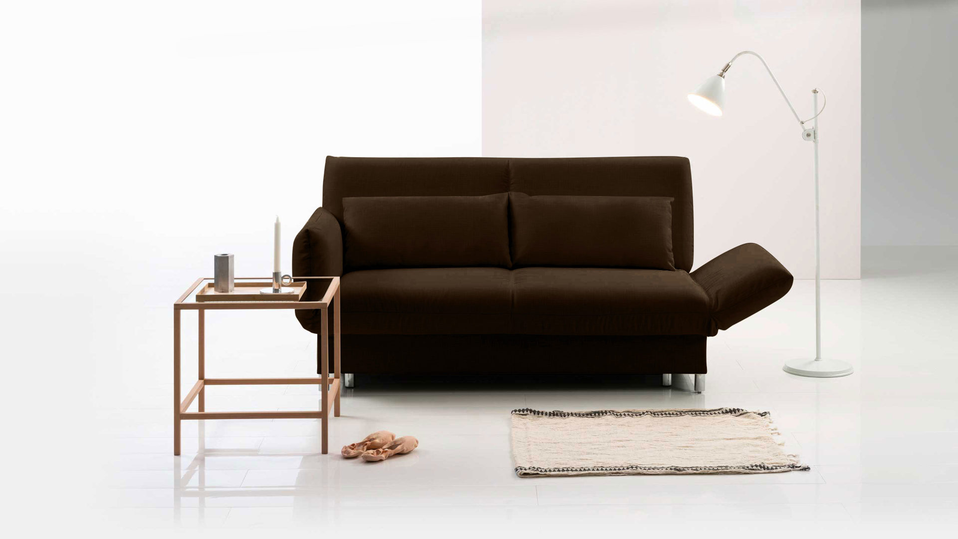 Schlafsofa Brühl aus Leder Metall in Dunkelbraun CAMP 2B Bettsofa Schlafsofa espresso farbener Lederbezug & Metallfüße verchromt glänzend - Stellfläche ca. 173-218 x 83 x 106 cm