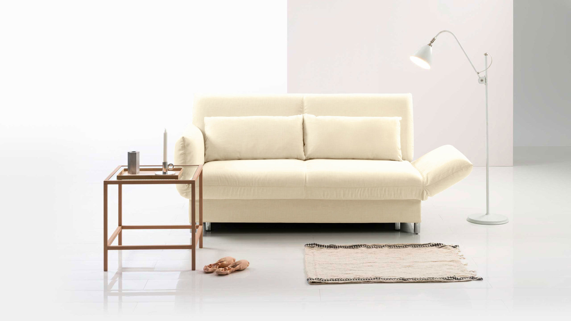 Schlafsofa Brühl aus Leder Metall in Weiß CAMP 2B Bettsofa Schlafsofa wollweißer Lederbezug & Metallfüße verchromt glänzend - Stellfläche ca. 173-218 x 83 x 106 cm