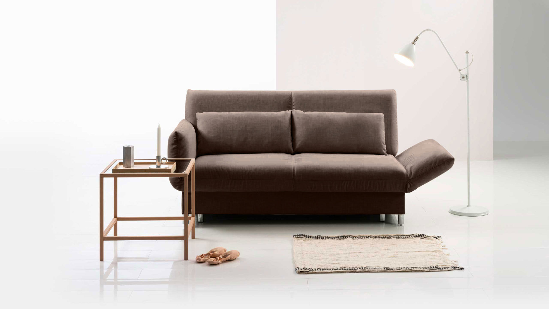 Schlafsofa Brühl aus Webstoff in Taupe CAMP 2B Bettsofa Schlafsofa taupe farbener Webstoff Bezug & Metallfüße verchromt glänzend - Stellfläche ca. 173-218 x 83 x 106 cm