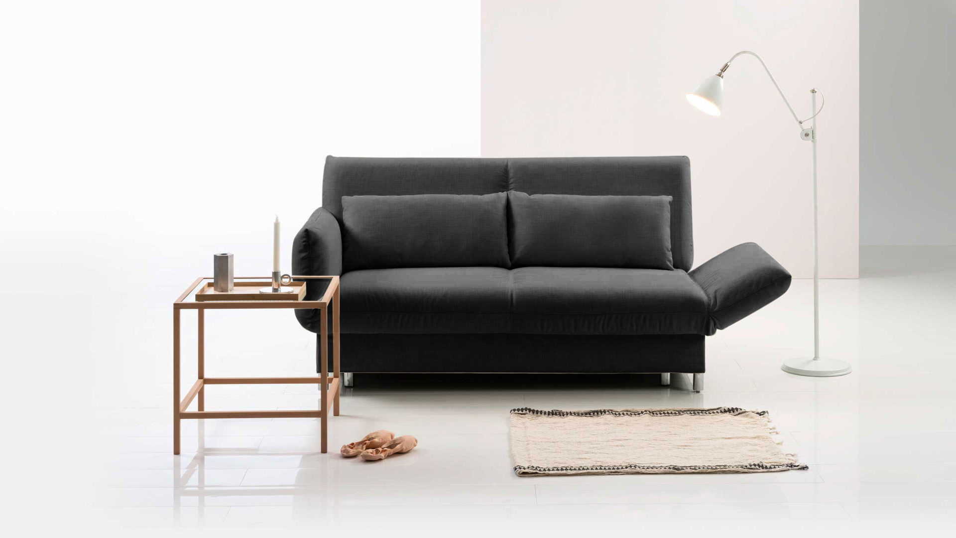 Schlafsofa Brühl aus Leder Metall in Anthrazit CAMP 2B Bettsofa Schlafsofa asphalt farbener Lederbezug & Metallfüße verchromt glänzend - Stellfläche ca. 173-218 x 83 x 106 cm