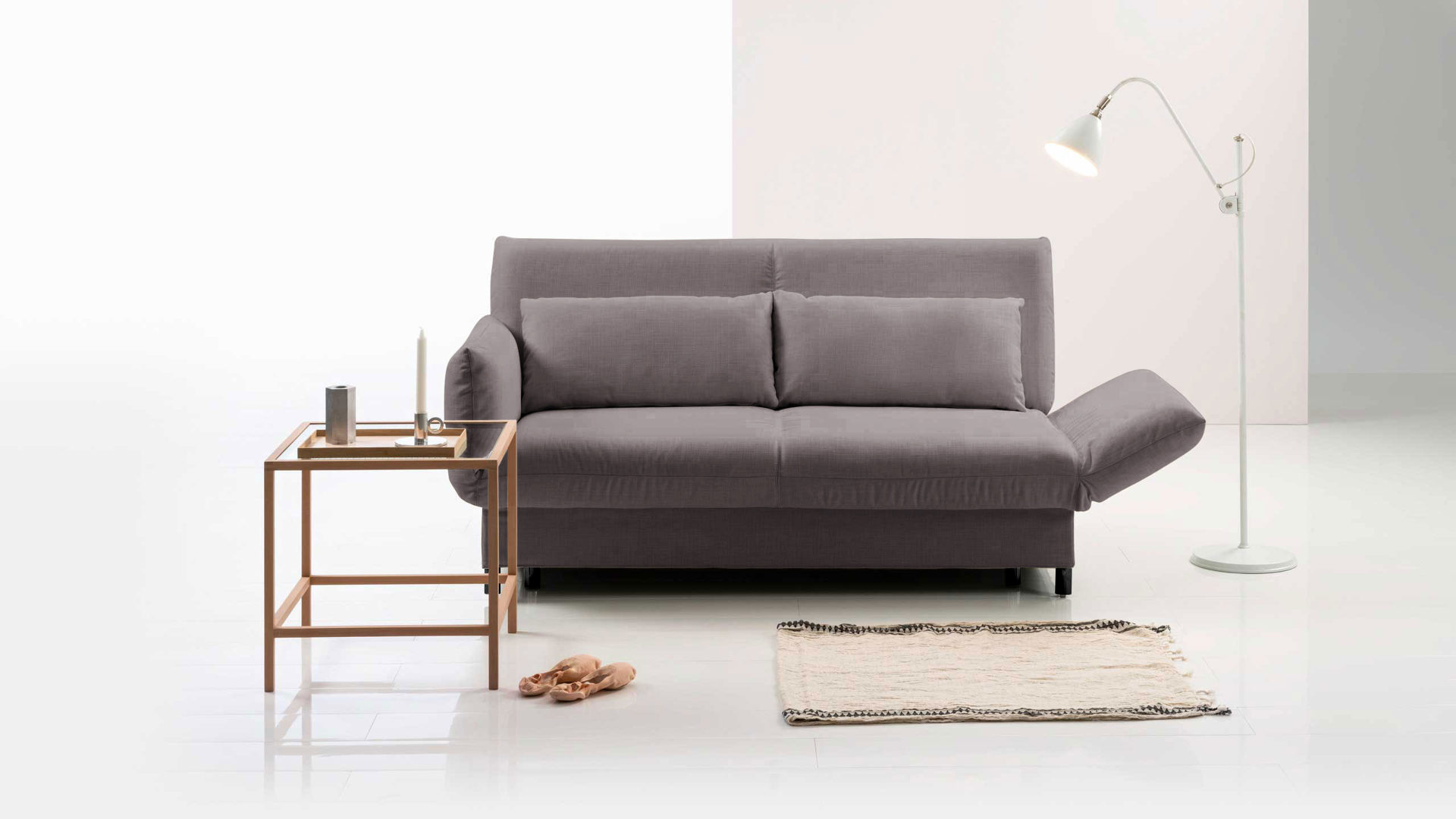 Schlafsofa Brühl aus Stoff in Grau CAMP 2B Bettsofa Schlafsofa betongrauer Stoffbezug & schwarze Holzfüße - Stellfläche ca. 173-218 x 83 x 106 cm