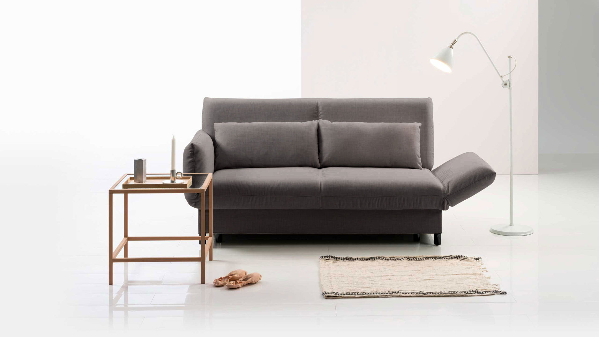 Schlafsofa Brühl aus Stoff in Anthrazit CAMP 2B Bettsofa Schlafsofa anthrazitfarbener Webstoff Bezug & schwarze Holzfüße - Stellfläche ca. 173-218 x 83 x 106 cm