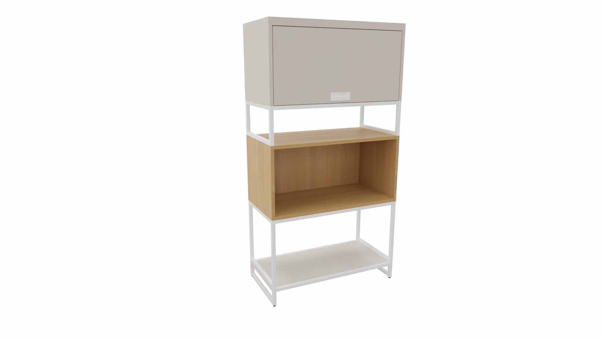 Büromöbel Vario aus Metall Holz in Weiß Holzfarben Grau M1 Set 2 Small A Büro-Kombination, Regalkombi Rahmen weiss, Korpus-Platte Eiche Dekor-Angoragrau, Muldengriff weiss