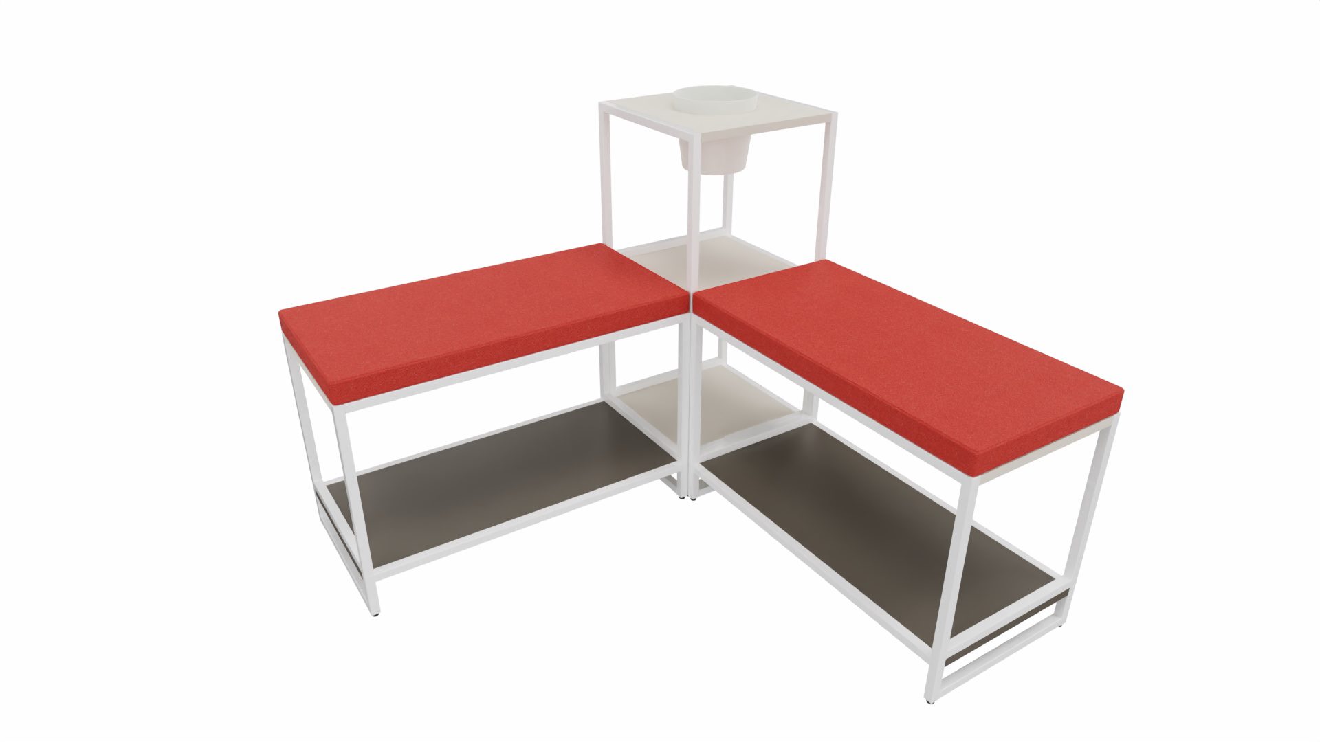 Regal Vario aus Metall Holz in Weiß Grau Rot M1 Set 3 Medium B Sitz-Regal-Kombi, Wohnkombination Rahmen weiss, Korpus-Platte Lava-Angoragrau, Topf weiß, Kissen Camira Synergy Mutual