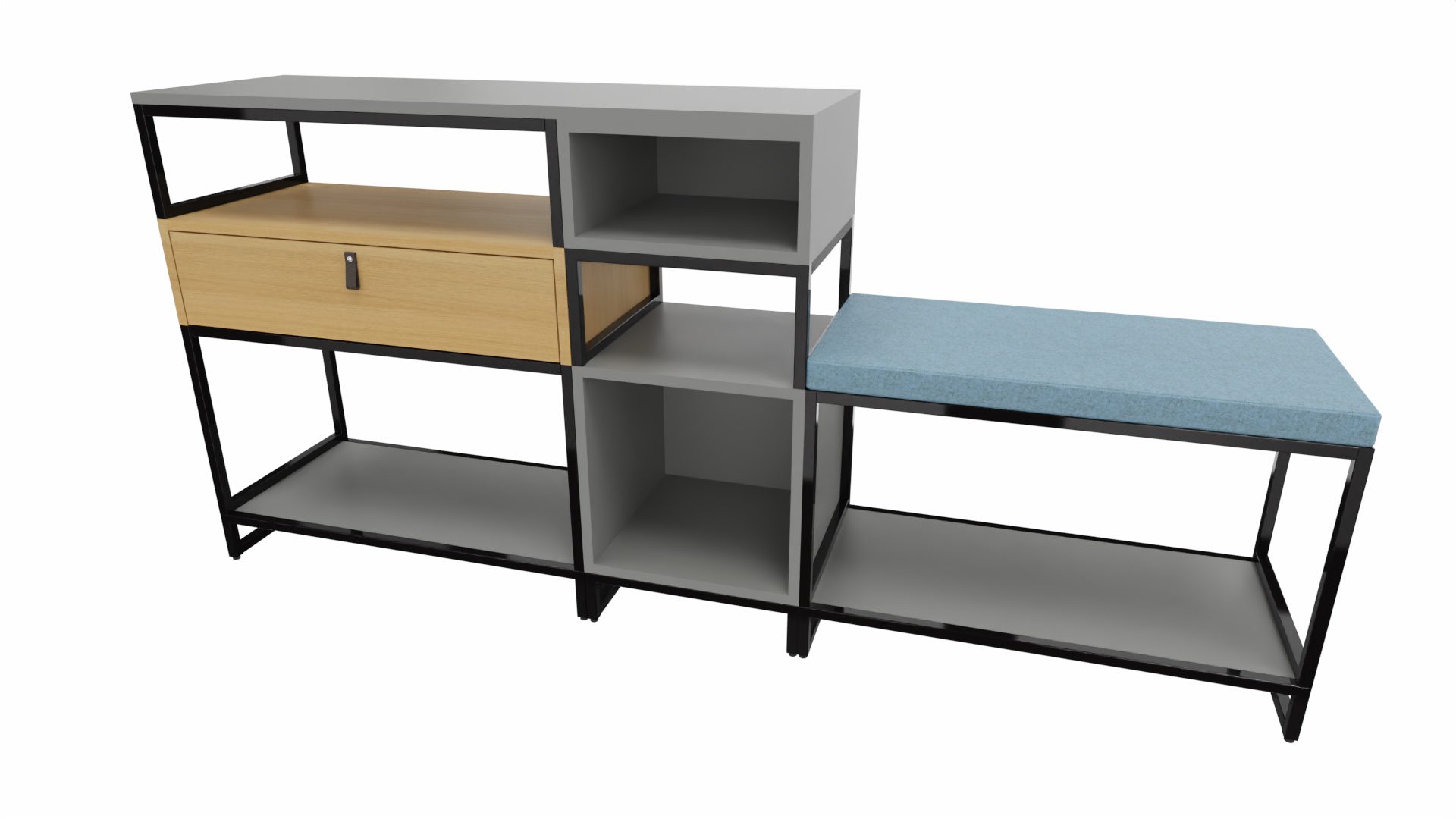 Regal Vario aus Metall Holz in Weiß Schwarz Grau Hellblau M1 Set 3 Small A Regal-Kombi, Wohnkombination Rahmen schwarz, Korpus-Platte Eiche Dekor-Titan, Schlaufengriff Leder braun