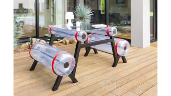 Bank-Set Mojow design aus Aluminium Kunststoff in Transparent Ziba Picknickbank, 2 Bänke mit Tisch Sitz transparent, Band rot, Gestell Aluminium schwarz