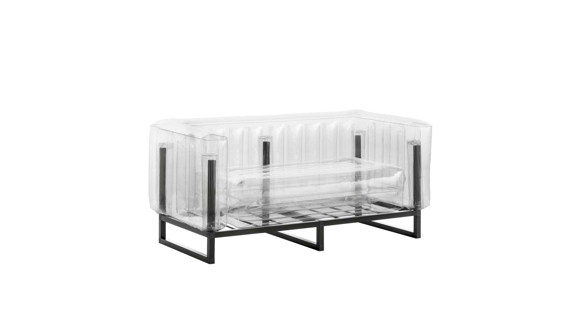 Sofa Mojow design aus Aluminium Kunststoff in Transparent Yomi EKO Canape Design-Sofa Polster transparent durchsichtig, Gestell Aluminium schwarz