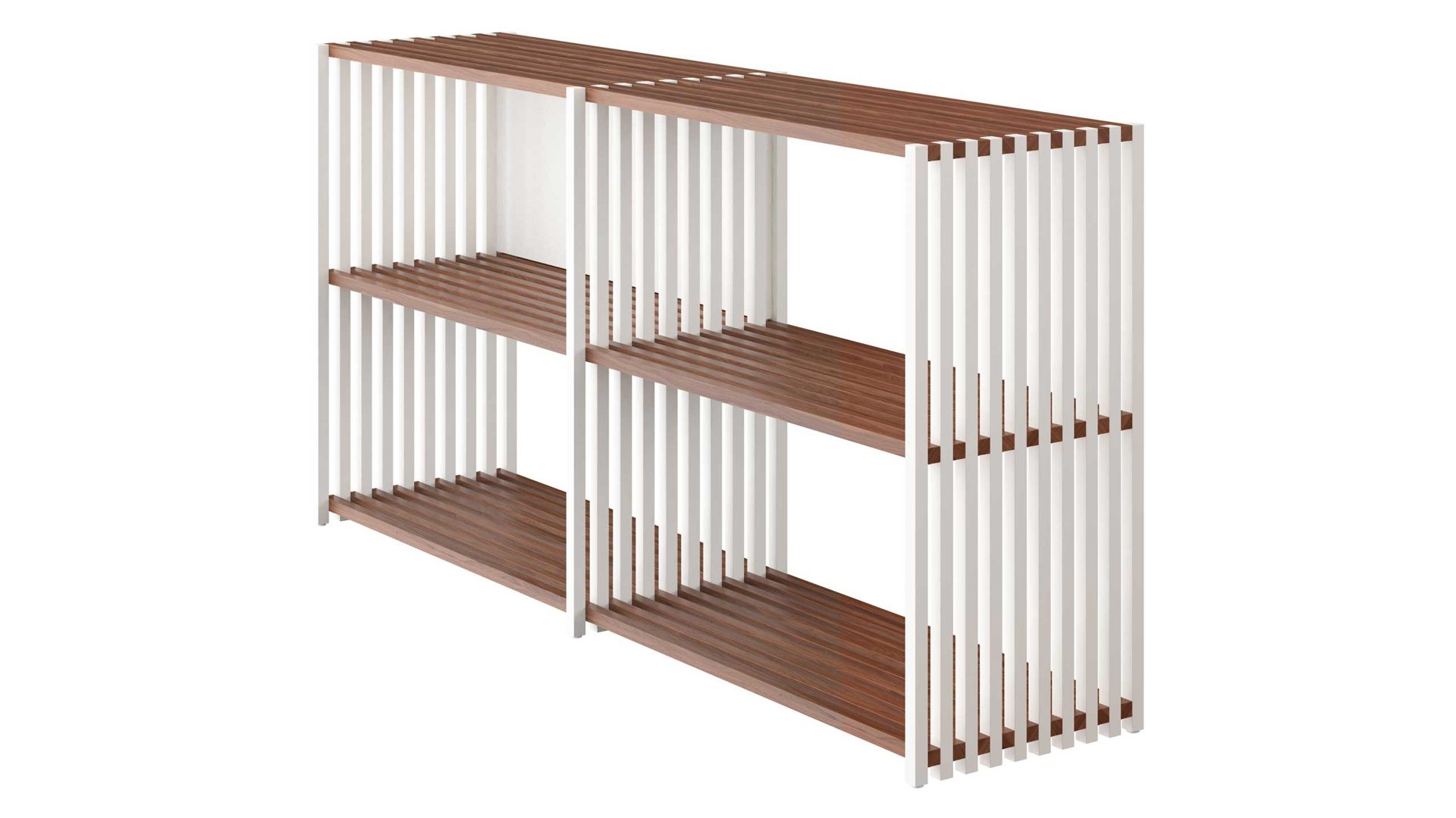 Regal Joval gmbh aus Holz in Weiß Nussbaum Faltbares Sideboard, Regalsystem REBAR 2.2 Nussbaum weiß, seidenmatt lackiert, mit 4 Fächern