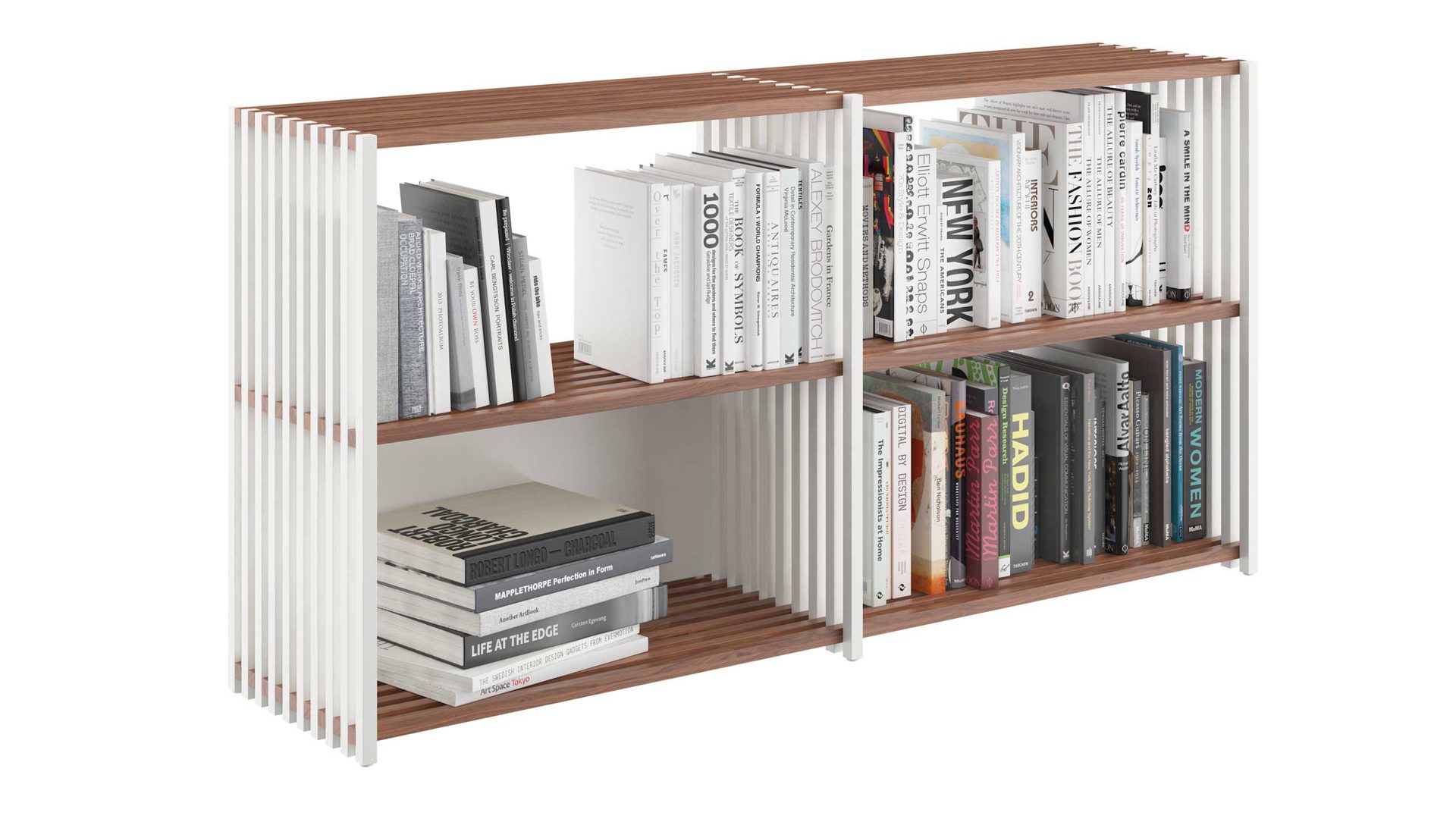 Regal Joval gmbh aus Holz in Weiß Nussbaum Faltbares Sideboard, Regalsystem REBAR 2.2 Nussbaum weiß, seidenmatt lackiert, mit 4 Fächern