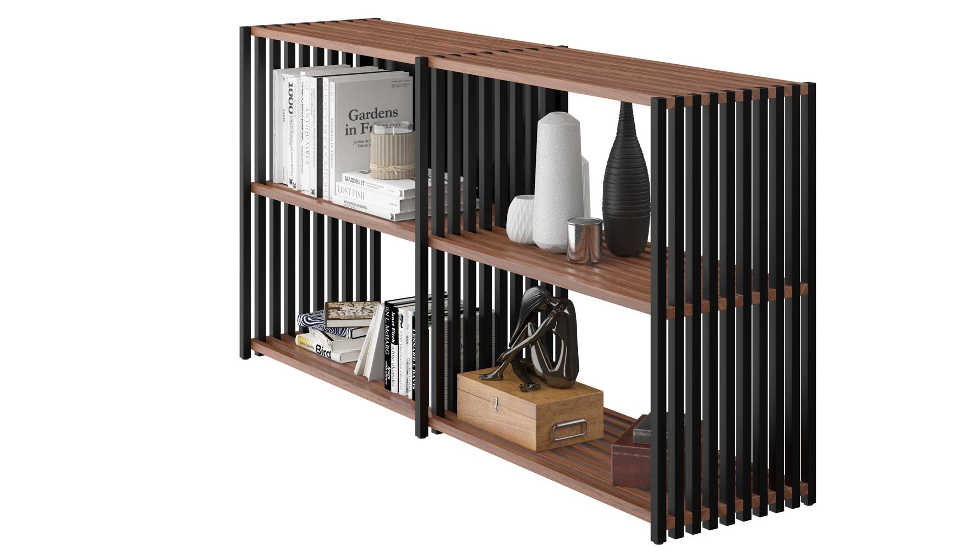 Regal Joval gmbh aus Holz in Schwarz Nussbaum Faltbares Sideboard, Regalsystem Rebar 2.2 Nussbaum schwarz, seidenmatt lackiert, mit 4 Fächern