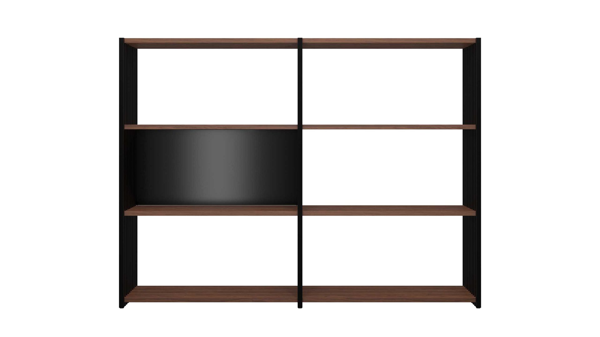 Regal Joval gmbh aus Holz in Schwarz Faltbares Highboard, Regalsystem Rebar 3.3 Nussbaum, Rückwand schwarz, Seidenmatt lackiert, mit 6 Fächern