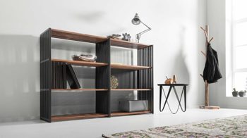 Regal Joval gmbh aus Holz in Schwarz Faltbares Highboard, Regalsystem Rebar 3.3 Nussbaum, Rückwand schwarz, Seidenmatt lackiert, mit 6 Fächern