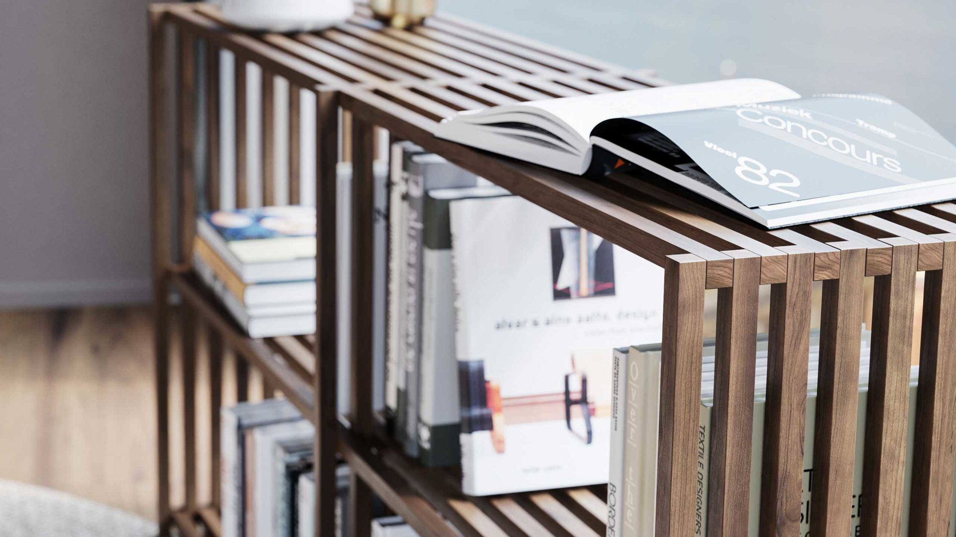 Regal Joval gmbh aus Holz in Schwarz Faltbares Highboard, Regalsystem REBAR 2.2 Nussbaum, Rückwand schwarz, seidenmatt lackiert, mit 4 Fächern