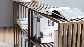 Regal Joval gmbh aus Holz in Schwarz Faltbares Highboard, Regalsystem REBAR 2.2 Nussbaum, Rückwand schwarz, seidenmatt lackiert, mit 4 Fächern