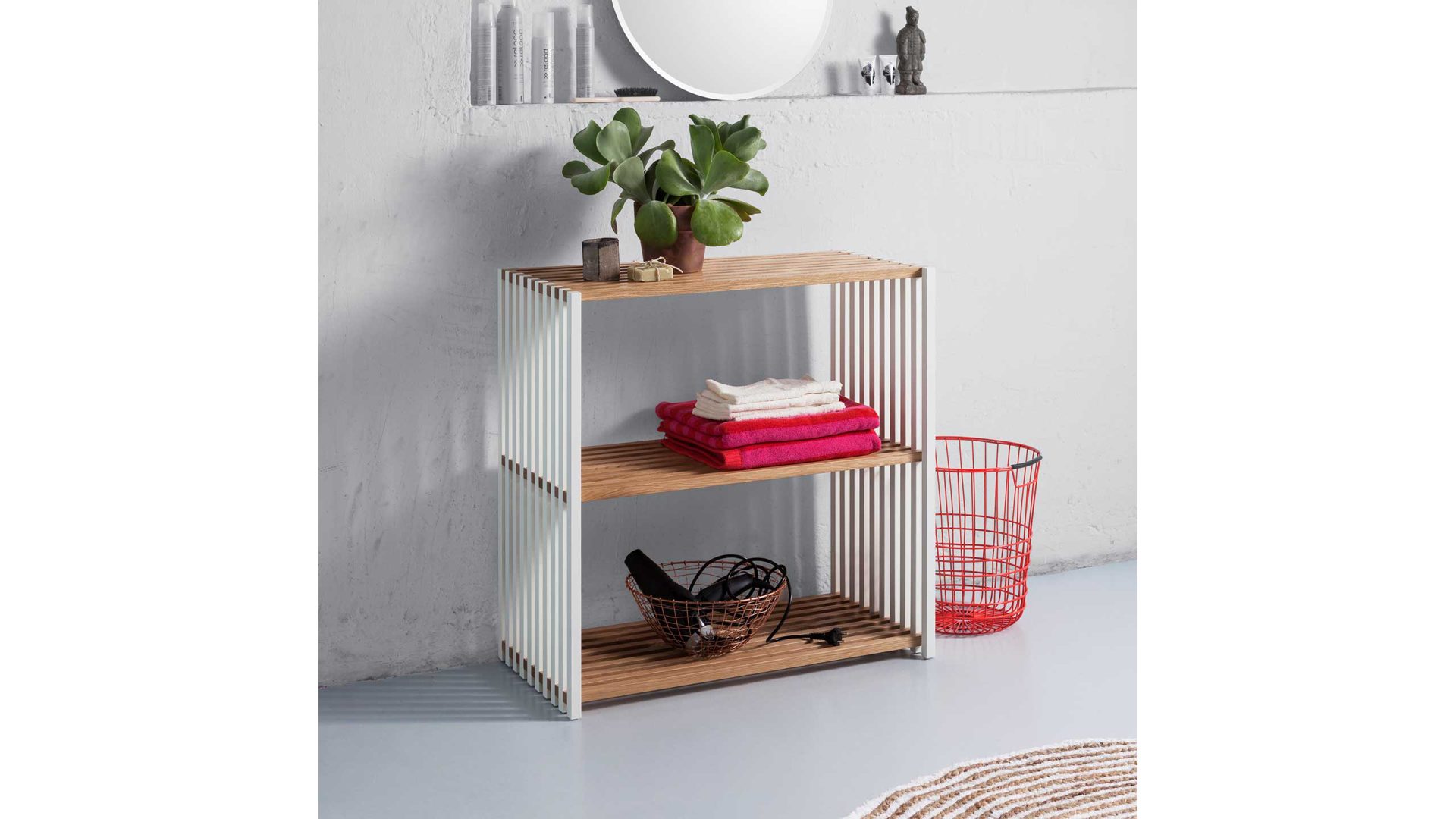 Regal Joval gmbh aus Holz in Weiß Faltbares Sideboard, Regalsystem REBAR 2.0 Eiche, Rückwand weiß, seidenmatt lackiert, mit 2 Fächern