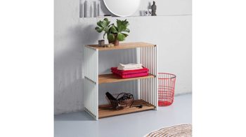 Regal Joval gmbh aus Holz in Weiß Faltbares Sideboard, Regalsystem REBAR 2.0 Eiche, Rückwand weiß, seidenmatt lackiert, mit 2 Fächern