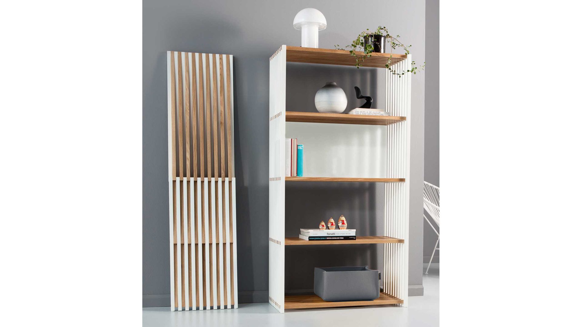 Regal Joval gmbh aus Holz in Weiß Faltbares Regal, Regalsystem Rebar 4.0 Eiche, Rückwand weiß, seidenmatt lackiert, mit 4 Fächern