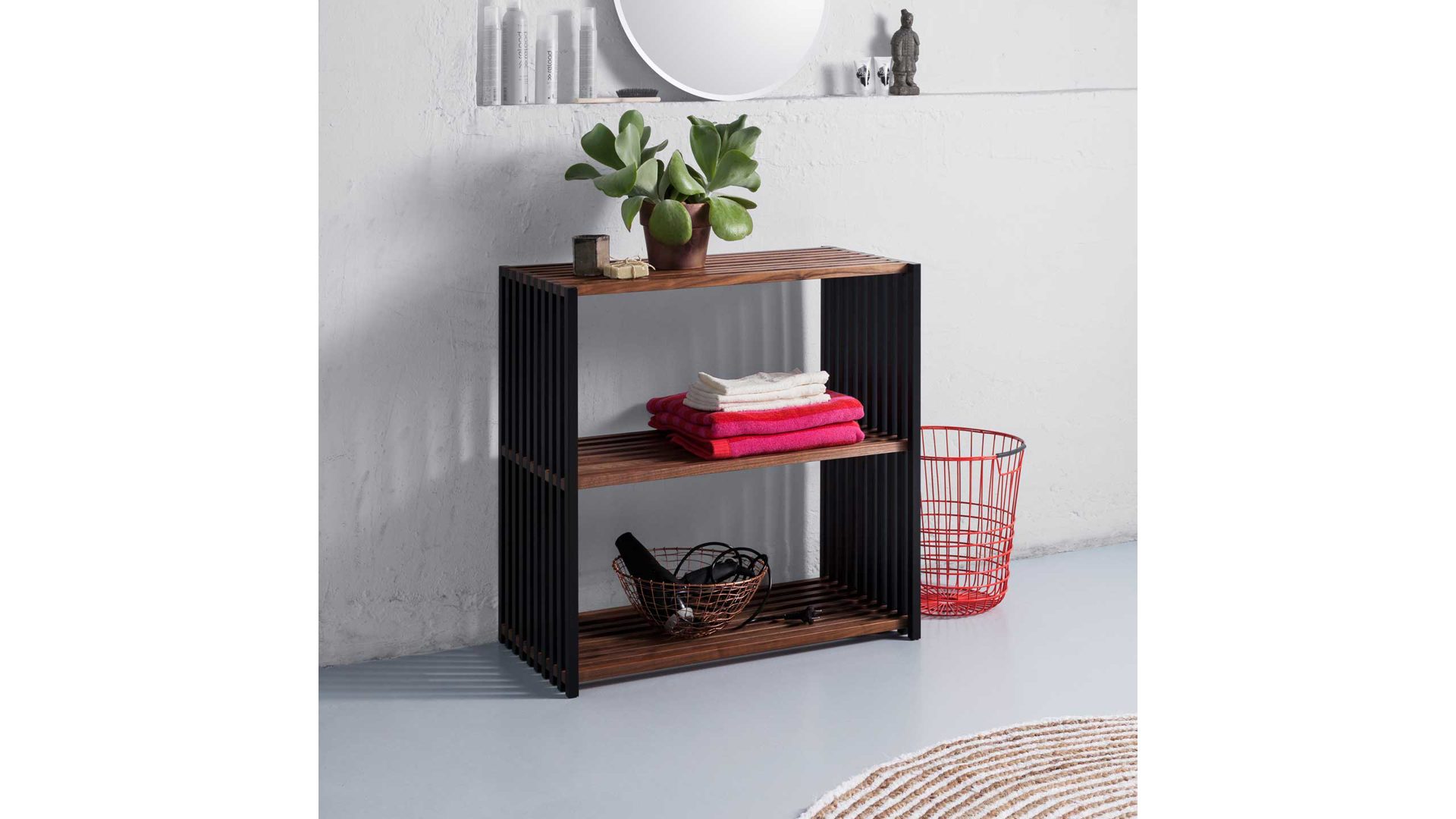 Regal Joval gmbh aus Holz in Nussbaum Schwarz Faltbares Regal, Regalsystem Rebar 2.0 Nussbaum, Rückwand schwarz, seidenmatt lackiert, mit 2 Fächern