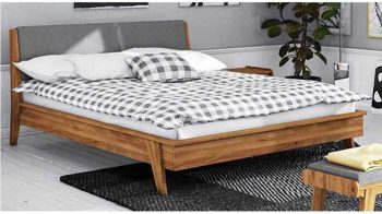 Bettgestell Beds.eu aus Holz Textil in Holzfarben Massivholzbett, Bett aus Massivholz 180 x 200 cm, Wildeiche natur geölt, Kopfteil Stoff grau