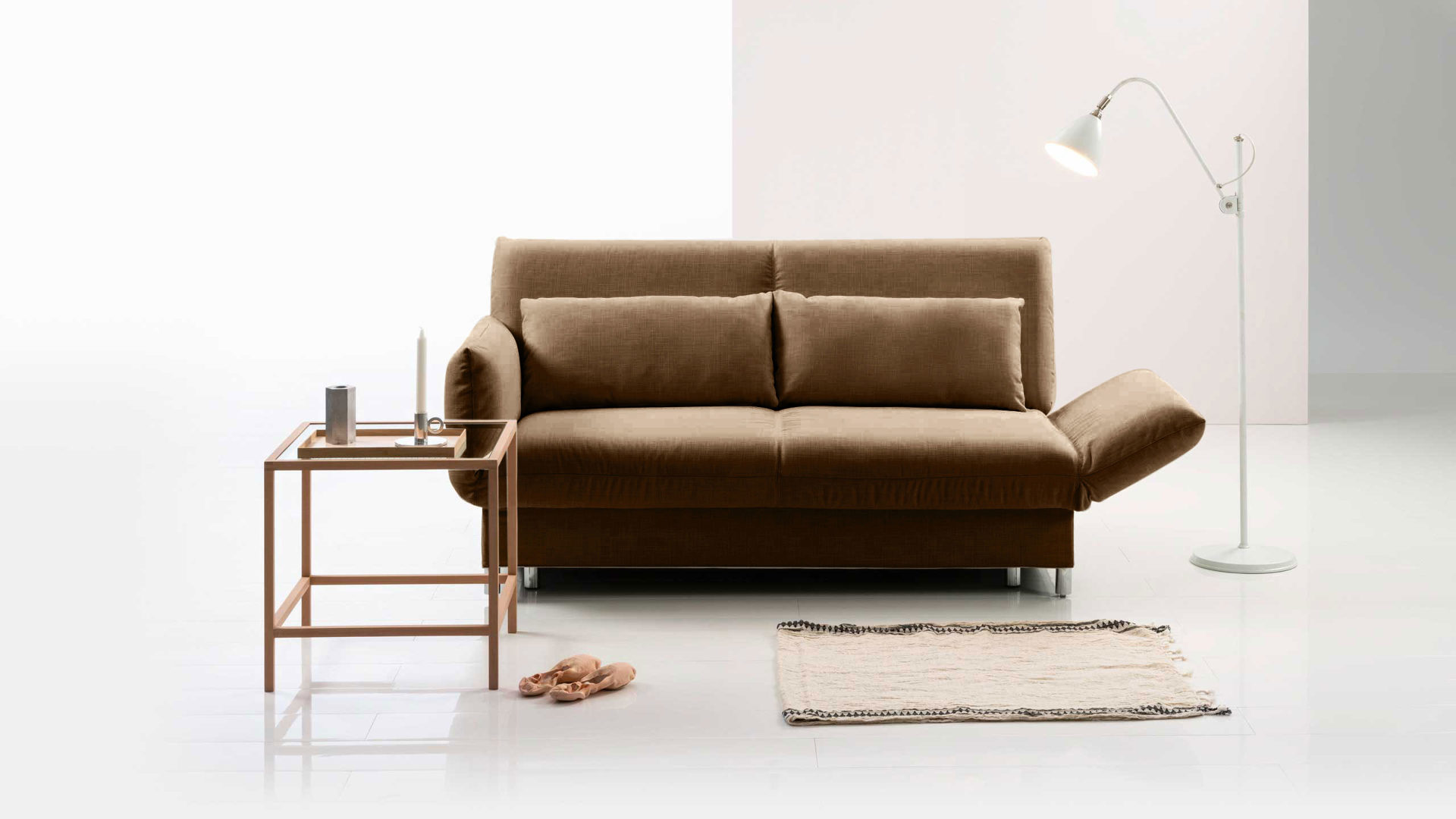 Schlafsofa Brühl aus Leder Metall in Hellbraun CAMP 2B Bettsofa Schlafsofa hellbrauner Lederbezug & Metallfüße verchromt glänzend - Stellfläche ca. 173-218 x 83 x 106 cm