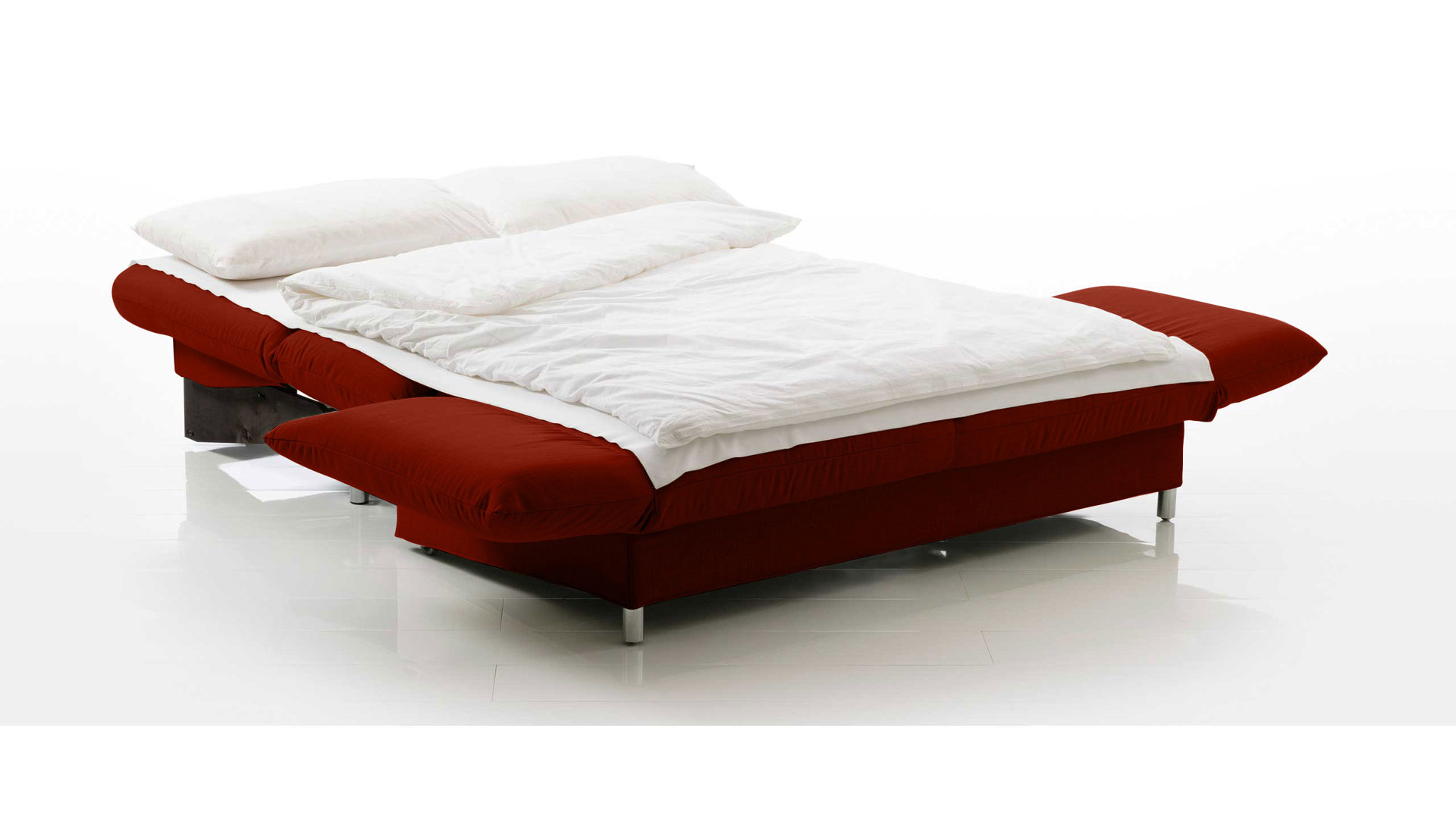 Schlafsofa Brühl aus Leder Metall in Bordeaux CAMP 2B Bettsofa Schlafsofa bordeaux farbener Lederbezug & Metallfüße verchromt glänzend - Stellfläche ca. 173-218 x 83 x 106 cm