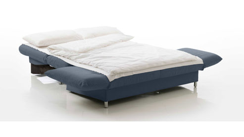 Schlafsofa Brühl aus Stoff in Mittelblau CAMP 2B Bettsofa Schlafsofa nachtblauer Webstoff Bezug & Metallfüße verchromt glänzend - Stellfläche ca. 173-218 x 83 x 106 cm