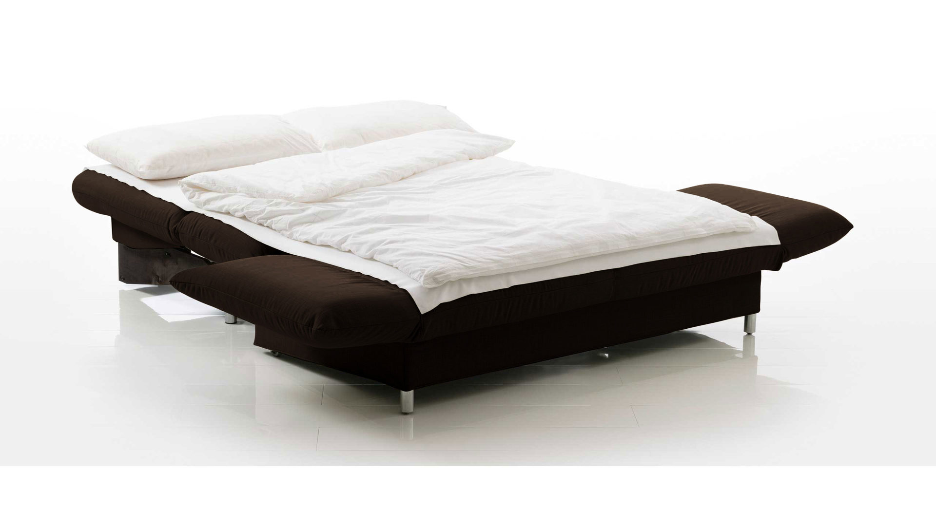 Schlafsofa Brühl aus Leder Metall in Dunkelbraun CAMP 2B Bettsofa Schlafsofa nougat farbener Lederbezug & Metallfüße verchromt glänzend - Stellfläche ca. 173-218 x 83 x 106 cm