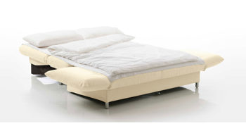 Schlafsofa Brühl aus Leder Metall in Weiß CAMP 2B Bettsofa Schlafsofa wollweißer Lederbezug & Metallfüße verchromt glänzend - Stellfläche ca. 173-218 x 83 x 106 cm