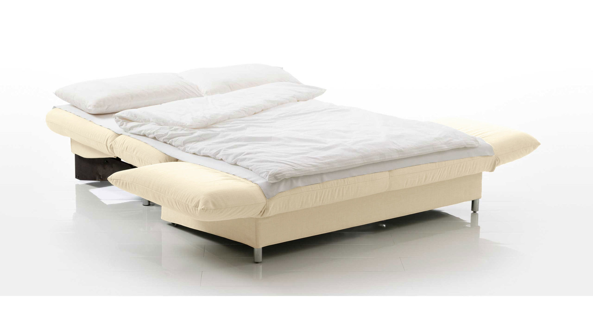 Schlafsofa Brühl aus Leder Metall in Weiß CAMP 2B Bettsofa Schlafsofa wollweißer Lederbezug & Metallfüße verchromt glänzend - Stellfläche ca. 173-218 x 83 x 106 cm