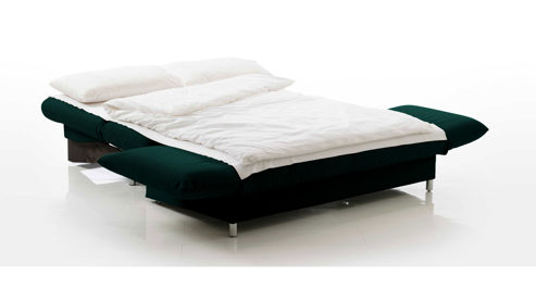 Schlafsofa Brühl aus Stoff in Dunkelgrün CAMP 2B Bettsofa Schlafsofa smaragdgrüner Stoffbezug & Metallfüße verchromt glänzend - Stellfläche ca. 173-218 x 83 x 106 cm