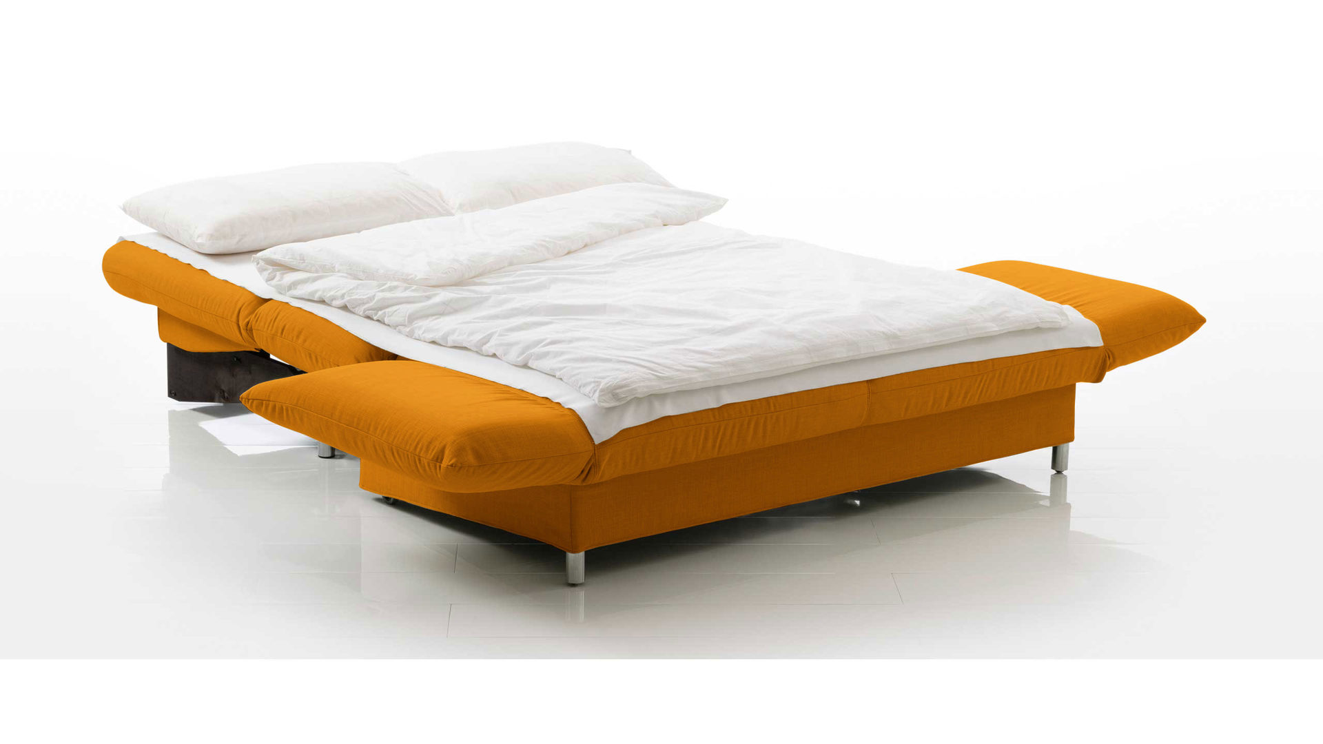 Schlafsofa Brühl aus Stoff in Curry CAMP 2B Bettsofa Schlafsofa currygelber Stoffbezug & Metallfüße verchromt glänzend - Stellfläche ca. 173-218 x 83 x 106 cm