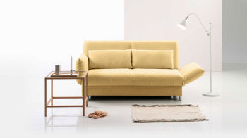 Schlafsofa Brühl aus Leder Metall in Gelb CAMP 2B Bettsofa Schlafsofa vanillefarbener Lederbezug & Metallfüße verchromt glänzend - Stellfläche ca. 173-218 x 83 x 106 cm