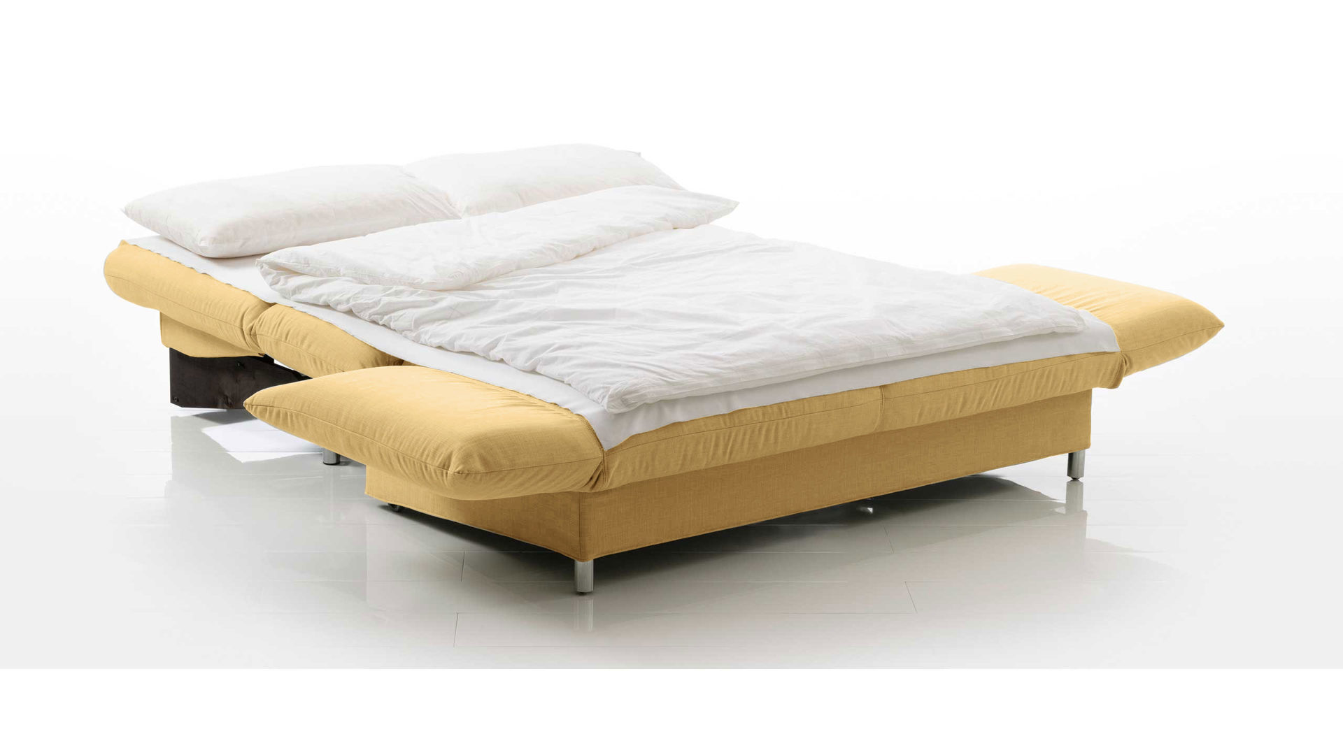 Schlafsofa Brühl aus Leder Metall in Gelb CAMP 2B Bettsofa Schlafsofa vanillefarbener Lederbezug & Metallfüße verchromt glänzend - Stellfläche ca. 173-218 x 83 x 106 cm