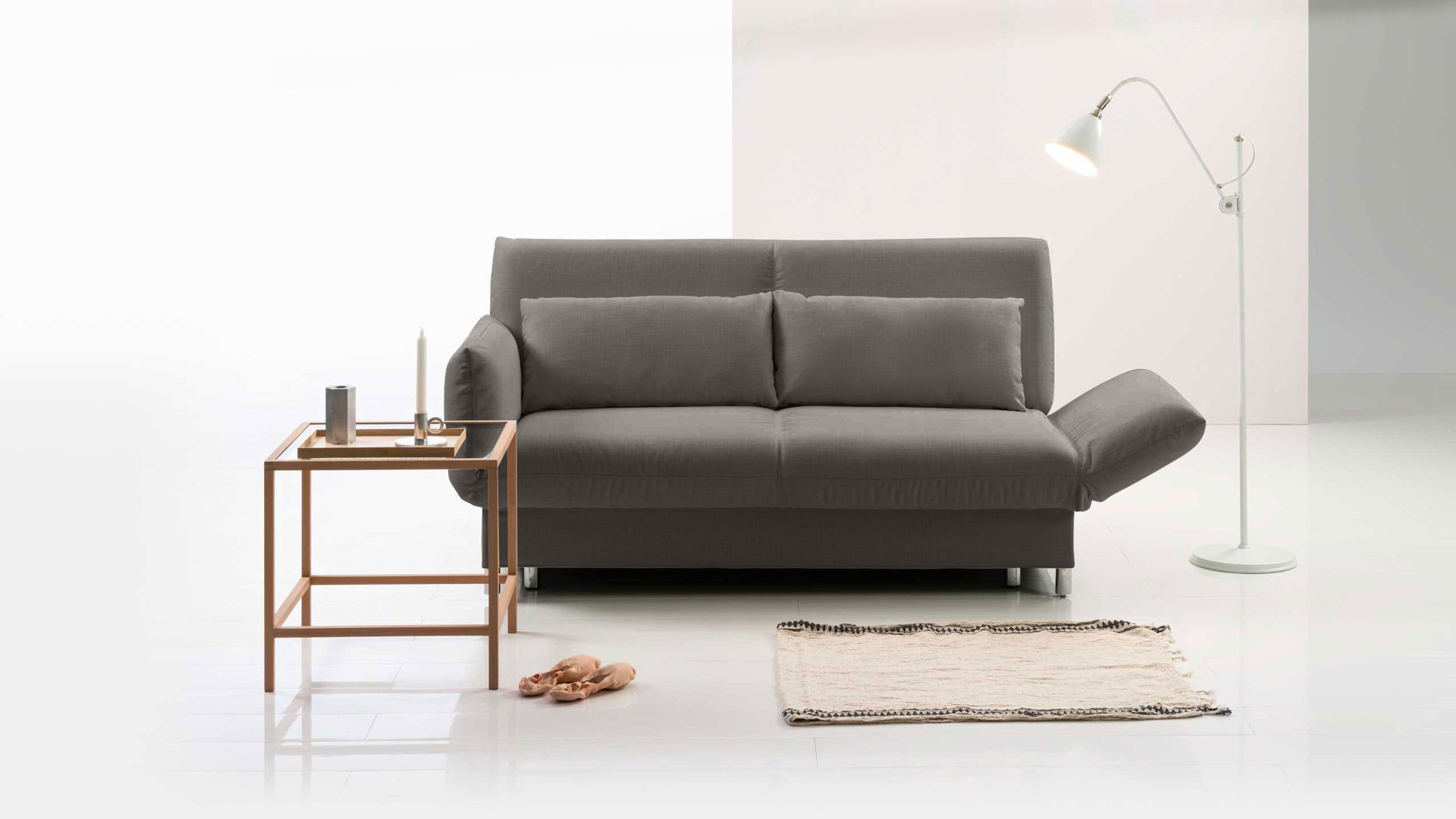 Schlafsofa Brühl aus Stoff in Basalt CAMP 2B Bettsofa Schlafsofa Steingrauer Webstoffbezug & Metallfüße verchromt glänzend - Stellfläche ca. 173-218 x 83 x 106 cm