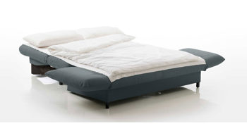 Schlafsofa Brühl aus Stoff Holz in Blau CAMP 2B Bettsofa Schlafsofa azurblauer Stoffbezug & schwarze Holzfüße - Stellfläche ca. 173-218 x 83 x 106 cm