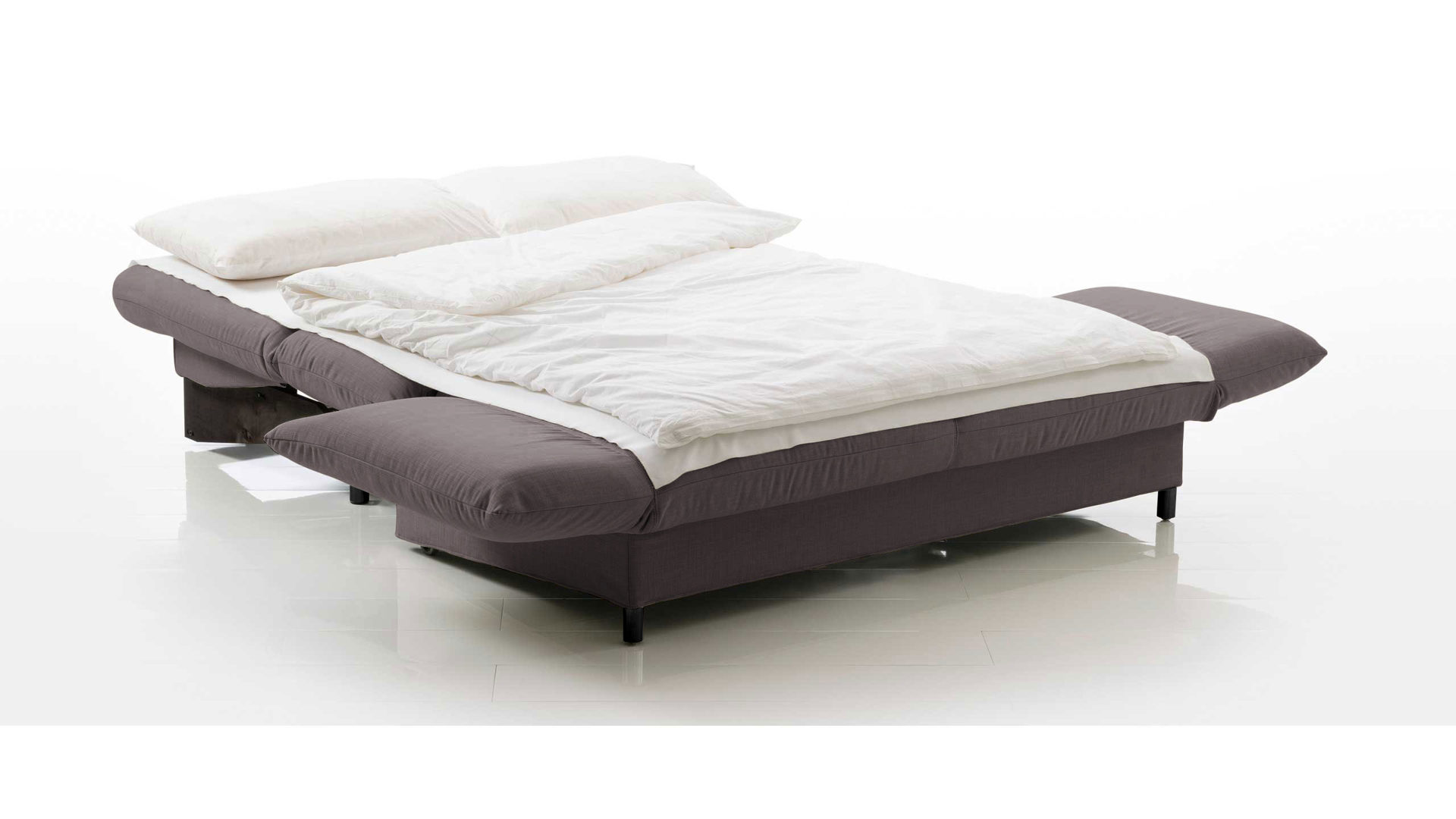 Schlafsofa Brühl aus Stoff in Grau CAMP 2B Bettsofa Schlafsofa betongrauer Stoffbezug & schwarze Holzfüße - Stellfläche ca. 173-218 x 83 x 106 cm