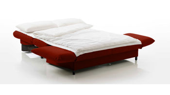 Schlafsofa Brühl aus Holz Leder in Bordeaux CAMP 2B Bettsofa Schlafsofa bordeauxfarbener Lederbezug & schwarze Holzfüße - Stellfläche ca. 173-218 x 83 x 106 cm