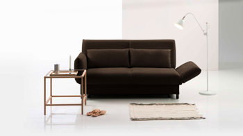 Schlafsofa Brühl aus Holz Leder in Dunkelbraun CAMP 2B Bettsofa Schlafsofa nougatfarbener Lederbezug & schwarze Holzfüße - Stellfläche ca. 173-218 x 83 x 106 cm