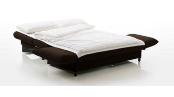 Schlafsofa Brühl aus Holz Leder in Dunkelbraun CAMP 2B Bettsofa Schlafsofa nougatfarbener Lederbezug & schwarze Holzfüße - Stellfläche ca. 173-218 x 83 x 106 cm