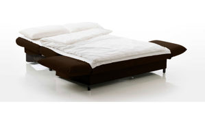 Schlafsofa Brühl aus Holz Leder in Dunkelbraun CAMP 2B Bettsofa Schlafsofa espressofarbener Lederbezug & schwarze Holzfüße - Stellfläche ca. 173-218 x 83 x 106 cm