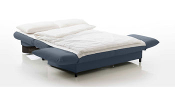 Schlafsofa Brühl aus Stoff in Dunkelblau CAMP 2B Bettsofa Schlafsofa nachtblauer Webstoff Bezug & schwarze Holzfüße - Stellfläche ca. 173-218 x 83 x 106 cm