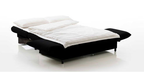 Schlafsofa Brühl aus Holz Leder in Schwarz CAMP 2B Bettsofa Schlafsofa schwarzer Lederbezug & schwarze Holzfüße - Stellfläche ca. 173-218 x 83 x 106 cm