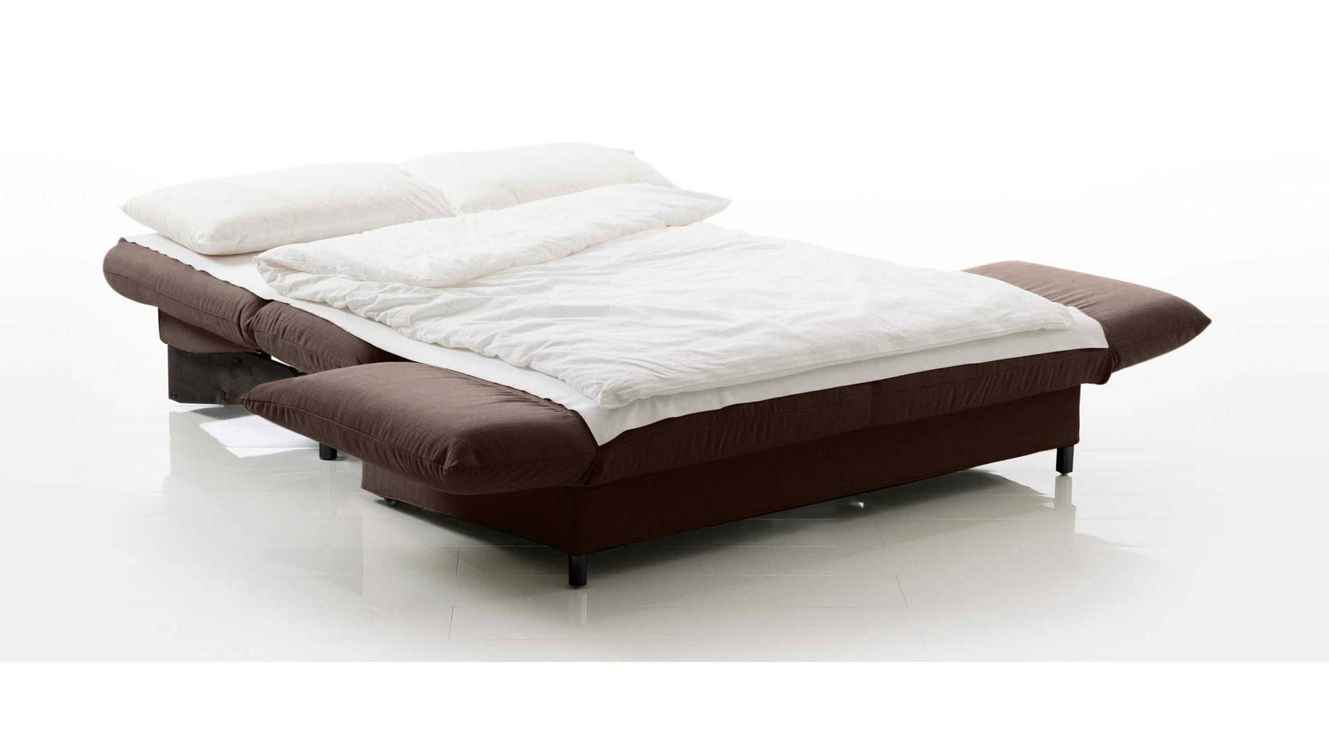 Schlafsofa Brühl aus Stoff in Taupe CAMP 2B Bettsofa Schlafsofa taupefarbener Webstoff Bezug & schwarze Holzfüße - Stellfläche ca. 173-218 x 83 x 106 cm