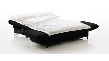 Schlafsofa Brühl aus Holz Leder in Schwarz CAMP 2B Bettsofa Schlafsofa schwarzer Lederbezug & schwarze Holzfüße - Stellfläche ca. 173-218 x 83 x 106 cm