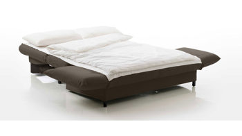 Schlafsofa Brühl aus Holz Leder in Braun CAMP 2B Bettsofa Schlafsofa schlammfarbener Lederbezug & schwarze Holzfüße - Stellfläche ca. 173-218 x 83 x 106 cm