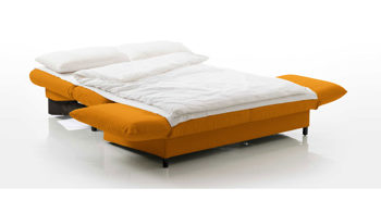 Schlafsofa Brühl aus Stoff in Curry CAMP 2B Bettsofa Schlafsofa currygelber Stoffbezug & schwarze Holzfüße - Stellfläche ca. 173-218 x 83 x 106 cm